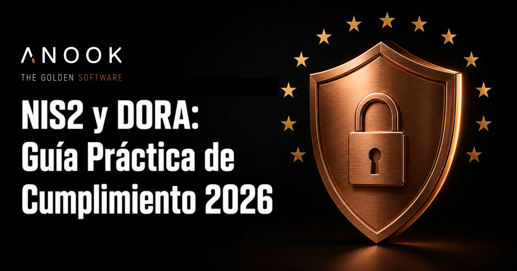 NIS2 y DORA: escudo de seguridad con candado y estrellas de la UE, guía práctica de cumplimiento normativo